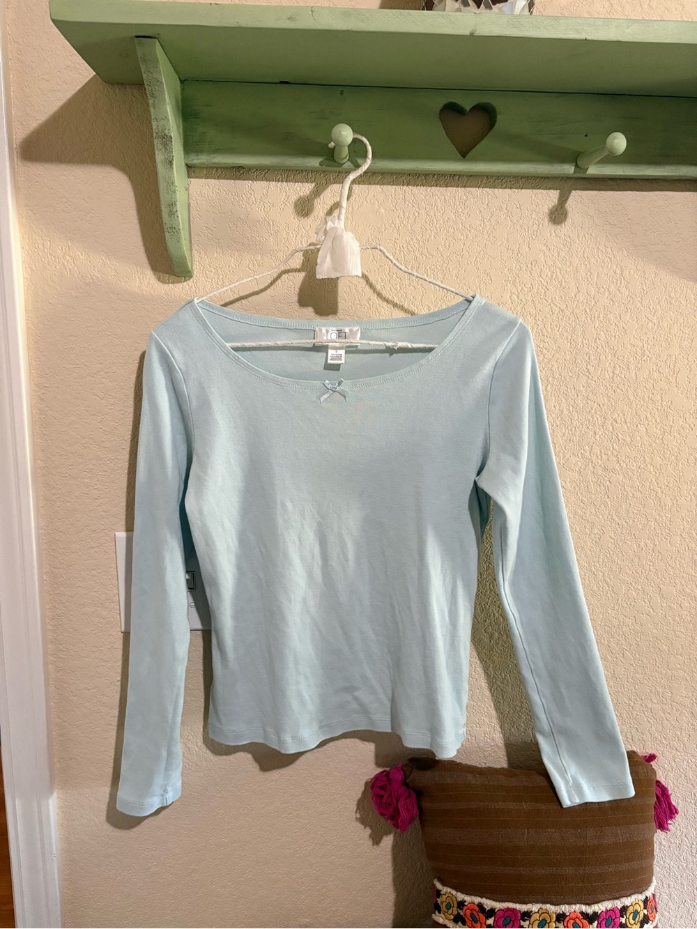 LOFT Pale Blue Long Sleeve Scoop-Neck Top with Bow